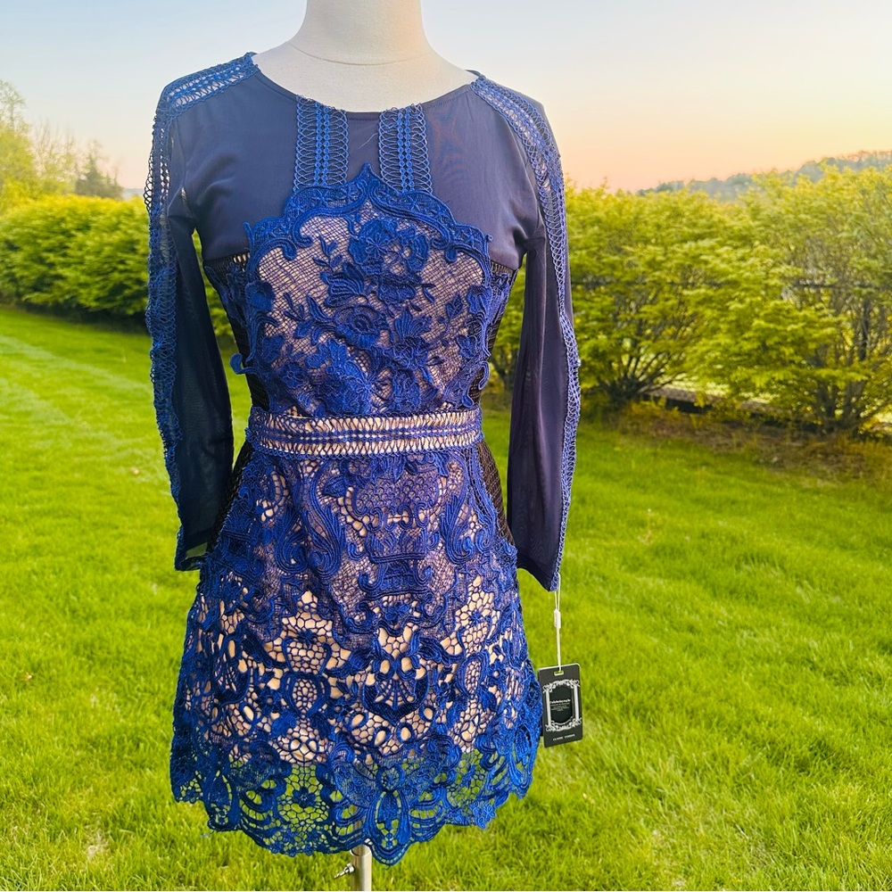 Angel Angel Royal Blue Guipure Lace Mini Dress 3/4 Sleeve Mesh Back NWT Small